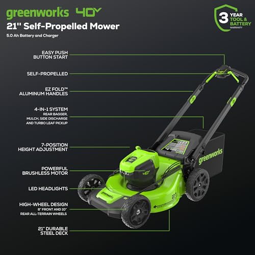 Greenworks 40V 21" Self-Propelled Cordless Lawn Mower – Brushless Motor, 5.0Ah Battery & Charger(75+ Tool Compatible)