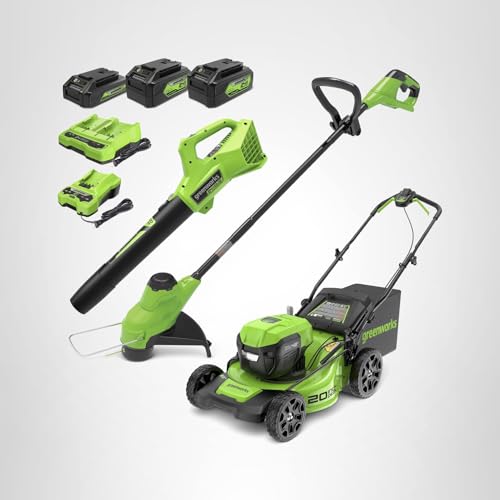 Greenworks 48V (2x24V) Electric Lawn Mower Combo Kit: 20"Steel Deck Push Mower, 12" String Trimmer, 320 CFM Blower, 3 Batteries & 2 Chargers, 3-Year Warranty.