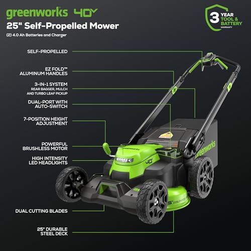 Greenworks 40V 21" Self-Propelled Cordless Lawn Mower – Brushless Motor, 5.0Ah Battery & Charger(75+ Tool Compatible)