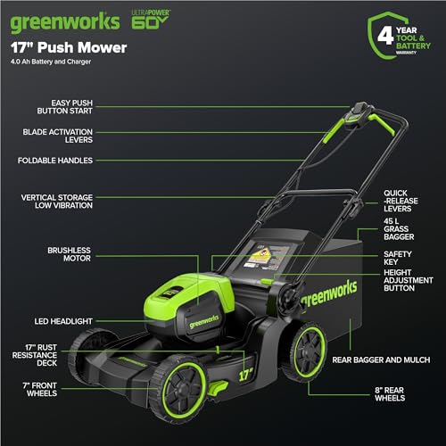 Greenworks 60V 21" Self-Propelled Cordless Lawn Mower, Brushless Motor, LED Lights, Includes 2X 4.0Ah Batteries & Rapid Dual-Port Charger(75+ Tool Compatibility, 45Min Runtime)