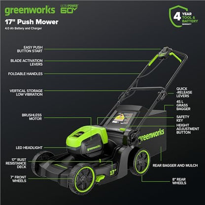 Greenworks 60V 21" Self-Propelled Cordless Lawn Mower, Brushless Motor, LED Lights, Includes 2X 4.0Ah Batteries & Rapid Dual-Port Charger(75+ Tool Compatibility, 45Min Runtime)