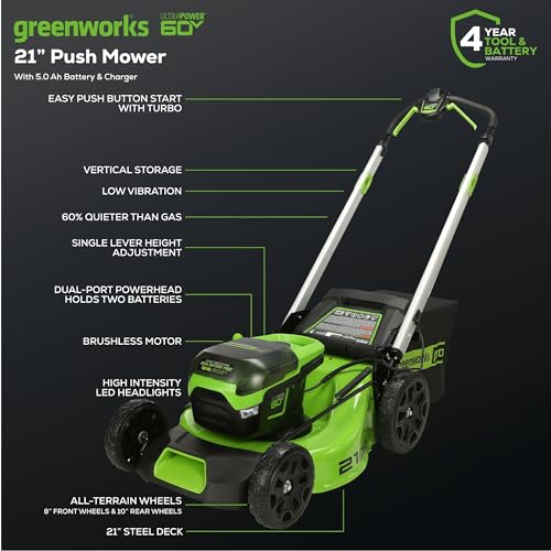 Greenworks 60V 21" Self-Propelled Cordless Lawn Mower, Brushless Motor, LED Lights, Includes 2X 4.0Ah Batteries & Rapid Dual-Port Charger(75+ Tool Compatibility, 45Min Runtime)