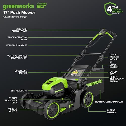 Greenworks 60V 21" Self-Propelled Cordless Lawn Mower, Brushless Motor, LED Lights, Includes 2X 4.0Ah Batteries & Rapid Dual-Port Charger(75+ Tool Compatibility, 45Min Runtime)