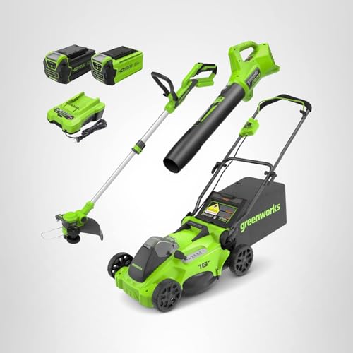 Greenworks 40V 16" Brushless Cordless (Push) Lawn Mower + Blower (350 CFM), 4.0Ah Battery and Charger Included (75+ Compatible Tools)