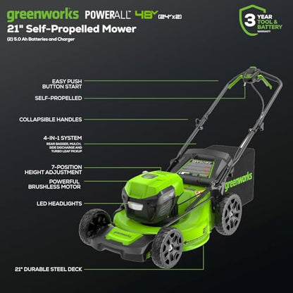 Greenworks 48V (24V x 2) 21" Brushless Cordless (Self-Propelled) Lawn Mower (LED Headlight), (2) 5.0Ah Batteries and Dual Port Rapid Charger Included (200+ Compatible Tools)