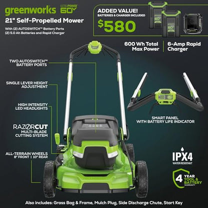 Greenworks 60V 21" Self-Propelled Cordless Lawn Mower, Brushless Motor, LED Lights, Includes 2X 4.0Ah Batteries & Rapid Dual-Port Charger(75+ Tool Compatibility, 45Min Runtime)