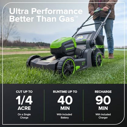 Greenworks 60V 21" Self-Propelled Cordless Lawn Mower, Brushless Motor, LED Lights, Includes 2X 4.0Ah Batteries & Rapid Dual-Port Charger(75+ Tool Compatibility, 45Min Runtime)