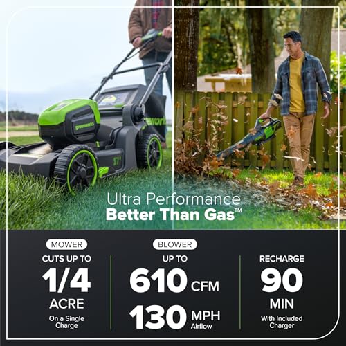 Greenworks 60V 21" Self-Propelled Cordless Lawn Mower, Brushless Motor, LED Lights, Includes 2X 4.0Ah Batteries & Rapid Dual-Port Charger(75+ Tool Compatibility, 45Min Runtime)