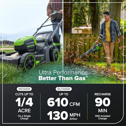 Greenworks 60V 21" Self-Propelled Cordless Lawn Mower, Brushless Motor, LED Lights, Includes 2X 4.0Ah Batteries & Rapid Dual-Port Charger(75+ Tool Compatibility, 45Min Runtime)