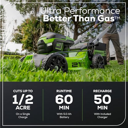 Greenworks 60V 21" Self-Propelled Cordless Lawn Mower, Brushless Motor, LED Lights, Includes 2X 4.0Ah Batteries & Rapid Dual-Port Charger(75+ Tool Compatibility, 45Min Runtime)
