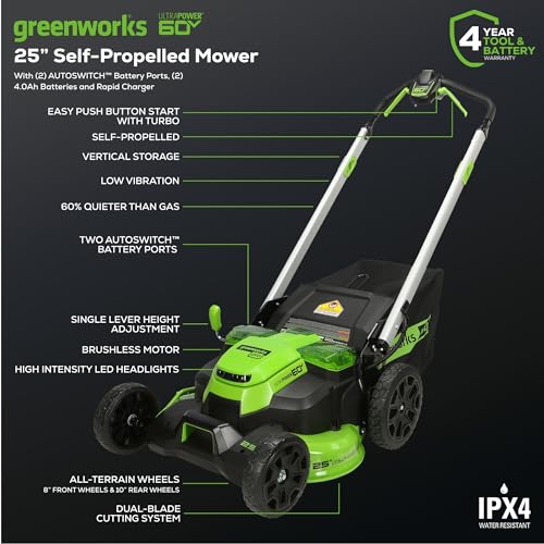 Greenworks 60V 21" Self-Propelled Cordless Lawn Mower, Brushless Motor, LED Lights, Includes 2X 4.0Ah Batteries & Rapid Dual-Port Charger(75+ Tool Compatibility, 45Min Runtime)