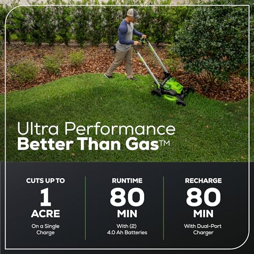 Greenworks 60V 21" Self-Propelled Cordless Lawn Mower, Brushless Motor, LED Lights, Includes 2X 4.0Ah Batteries & Rapid Dual-Port Charger(75+ Tool Compatibility, 45Min Runtime)