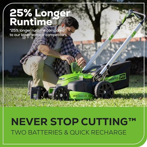 Greenworks 60V 21" Self-Propelled Cordless Lawn Mower, Brushless Motor, LED Lights, Includes 2X 4.0Ah Batteries & Rapid Dual-Port Charger(75+ Tool Compatibility, 45Min Runtime)