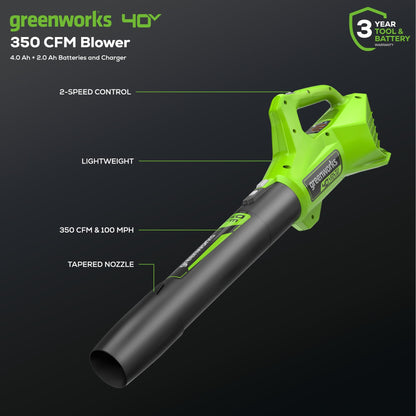 Greenworks 40V 16" Brushless Cordless (Push) Lawn Mower + Blower (350 CFM), 4.0Ah Battery and Charger Included (75+ Compatible Tools)