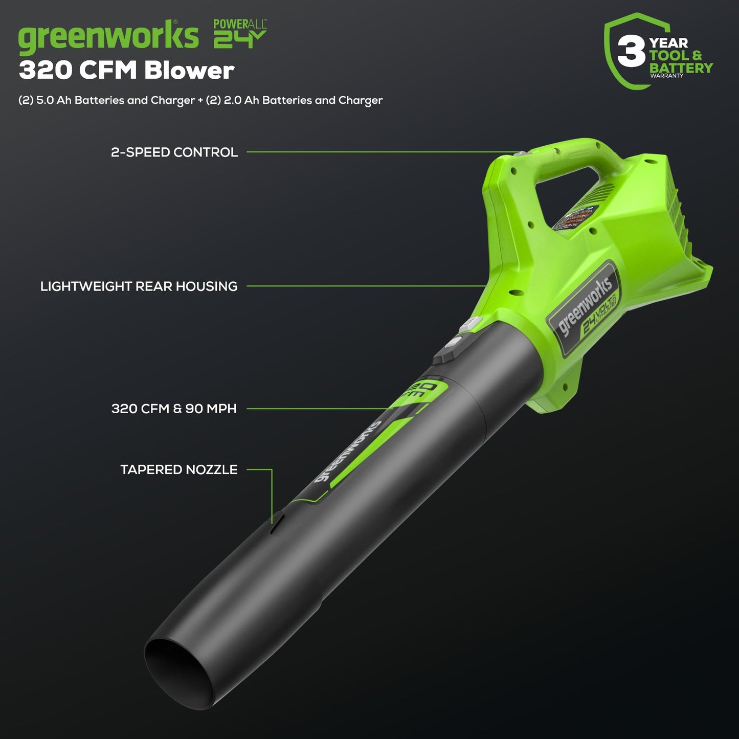 Greenworks 48V (24V x 2) 21" Brushless Cordless (Self-Propelled) Lawn Mower (LED Headlight), (2) 5.0Ah Batteries and Dual Port Rapid Charger Included (200+ Compatible Tools)