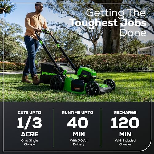 Greenworks 40V 21" Self-Propelled Cordless Lawn Mower – Brushless Motor, 5.0Ah Battery & Charger(75+ Tool Compatible)