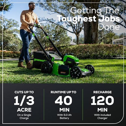 Greenworks 40V 21" Self-Propelled Cordless Lawn Mower – Brushless Motor, 5.0Ah Battery & Charger(75+ Tool Compatible)