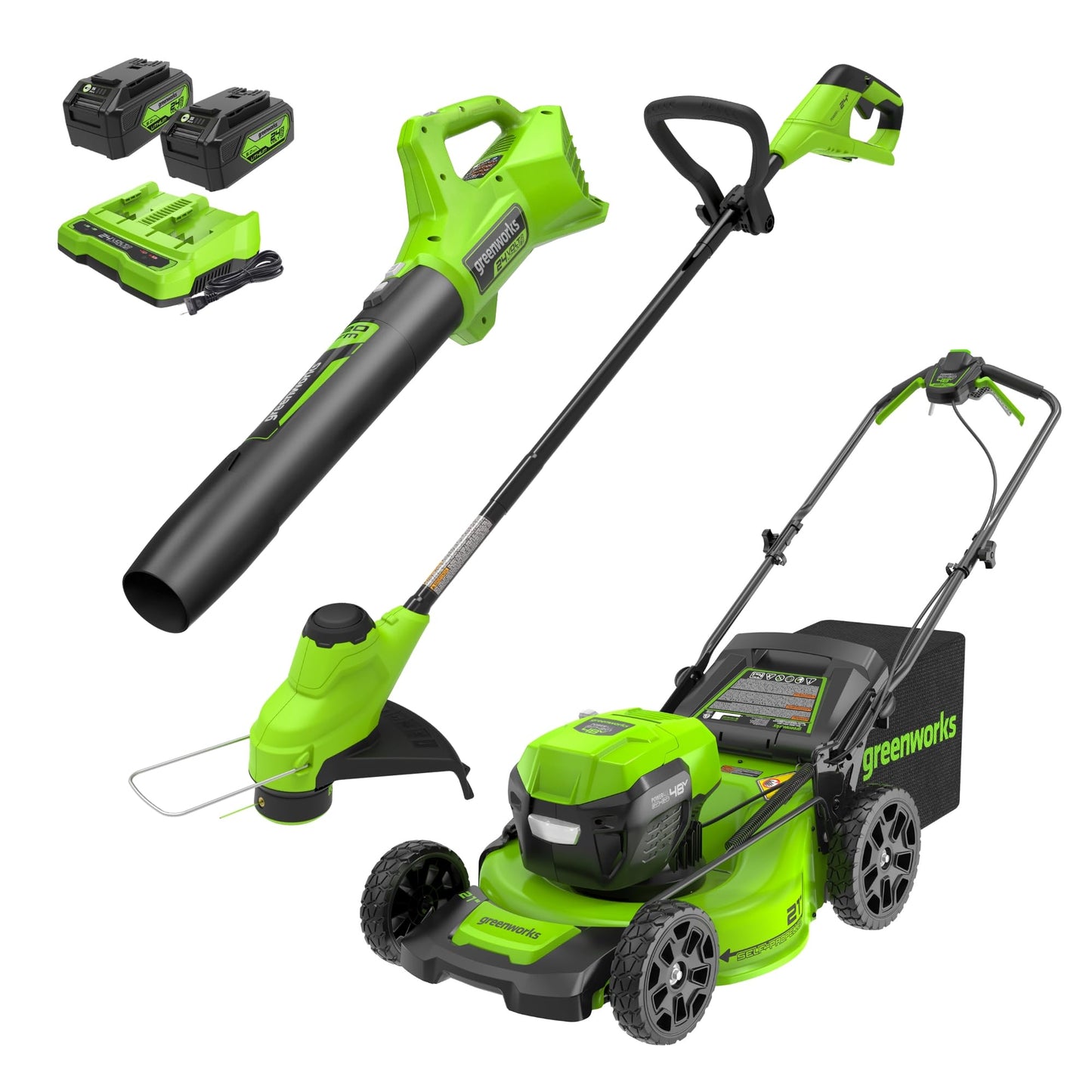 Greenworks 48V (24V x 2) 21" Brushless Cordless (Self-Propelled) Lawn Mower (LED Headlight), (2) 5.0Ah Batteries and Dual Port Rapid Charger Included (200+ Compatible Tools)