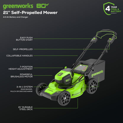 Greenworks 80V 25" Brushless Cordless (Self-Propelled) Dual Blade Lawn Mower (LED Headlight + Aluminum Handles), 4.0Ah Battery and Rapid Charger Included