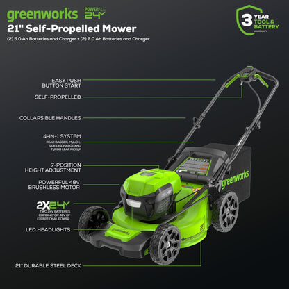 Greenworks 48V (24V x 2) 21" Brushless Cordless (Self-Propelled) Lawn Mower (LED Headlight), (2) 5.0Ah Batteries and Dual Port Rapid Charger Included (200+ Compatible Tools)