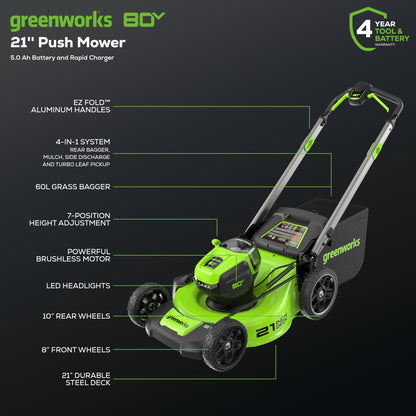 Greenworks 80V 21" Brushless Cordless (Self-Propelled) Lawn Mower (75+ Compatible Tools), 4.0Ah Battery and 60 Minute Rapid Charger Included