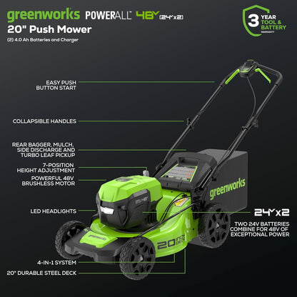 Greenworks 48V (2x24V) Electric Lawn Mower Combo Kit: 20"Steel Deck Push Mower, 12" String Trimmer, 320 CFM Blower, 3 Batteries & 2 Chargers, 3-Year Warranty.