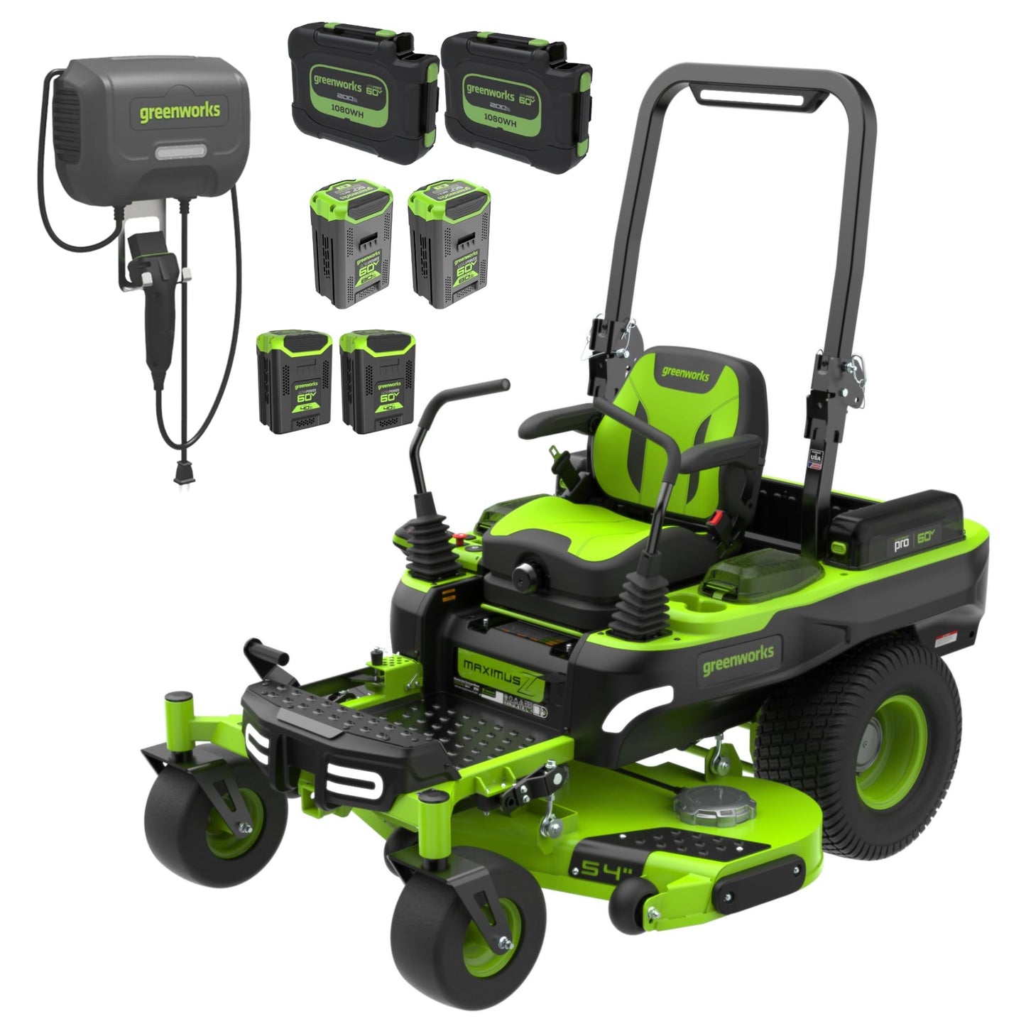 Greenworks 60V 60" Zero Turn, (2) 20.0Ah + (4) 10.0Ah Batteries + Wall Charger