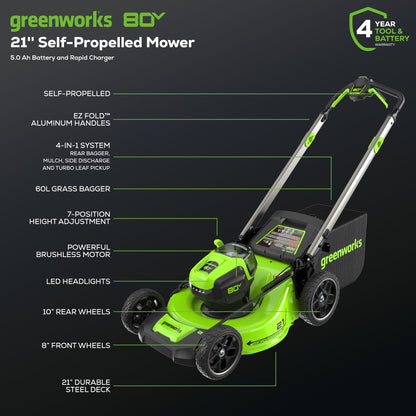 Greenworks 80V 21" Brushless Cordless (Self-Propelled) Lawn Mower (75+ Compatible Tools), 4.0Ah Battery and 60 Minute Rapid Charger Included