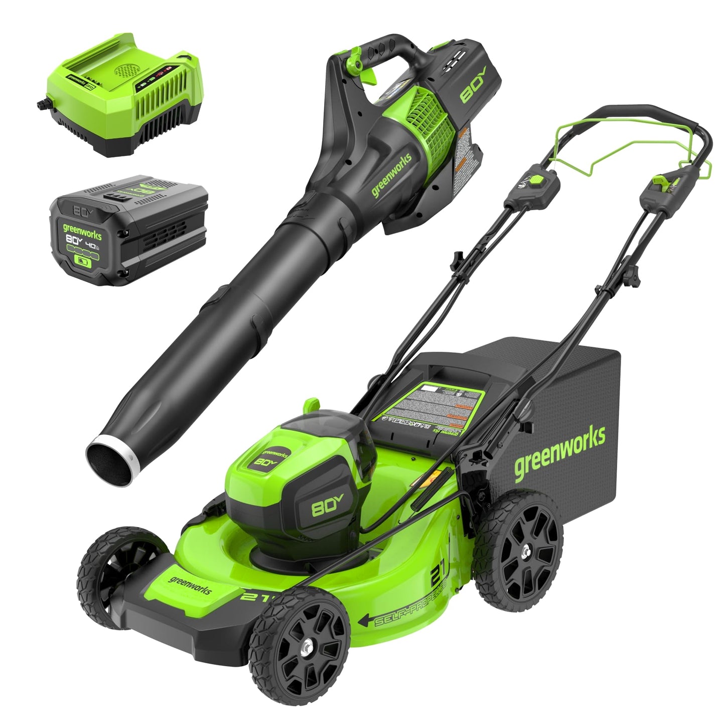 Greenworks 80V 25" Brushless Cordless (Self-Propelled) Dual Blade Lawn Mower (LED Headlight + Aluminum Handles), 4.0Ah Battery and Rapid Charger Included