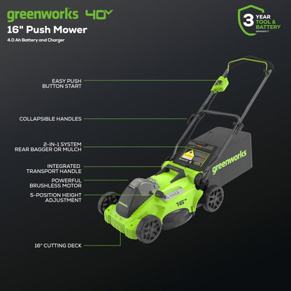 Greenworks 40V 16" Brushless Cordless (Push) Lawn Mower + Blower (350 CFM), 4.0Ah Battery and Charger Included (75+ Compatible Tools)