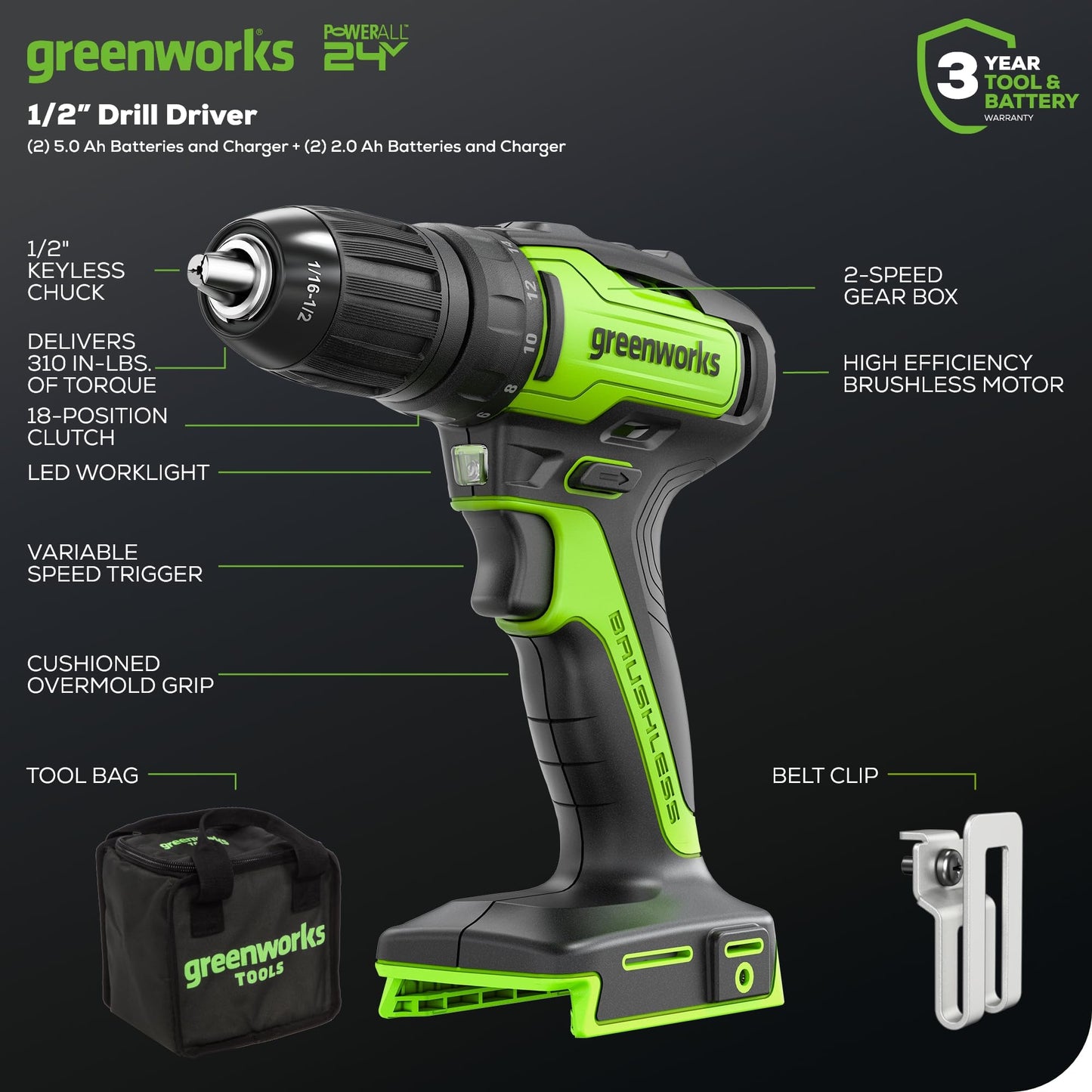 Greenworks 48V (24V x 2) 21" Brushless Cordless (Self-Propelled) Lawn Mower (LED Headlight), (2) 5.0Ah Batteries and Dual Port Rapid Charger Included (200+ Compatible Tools)