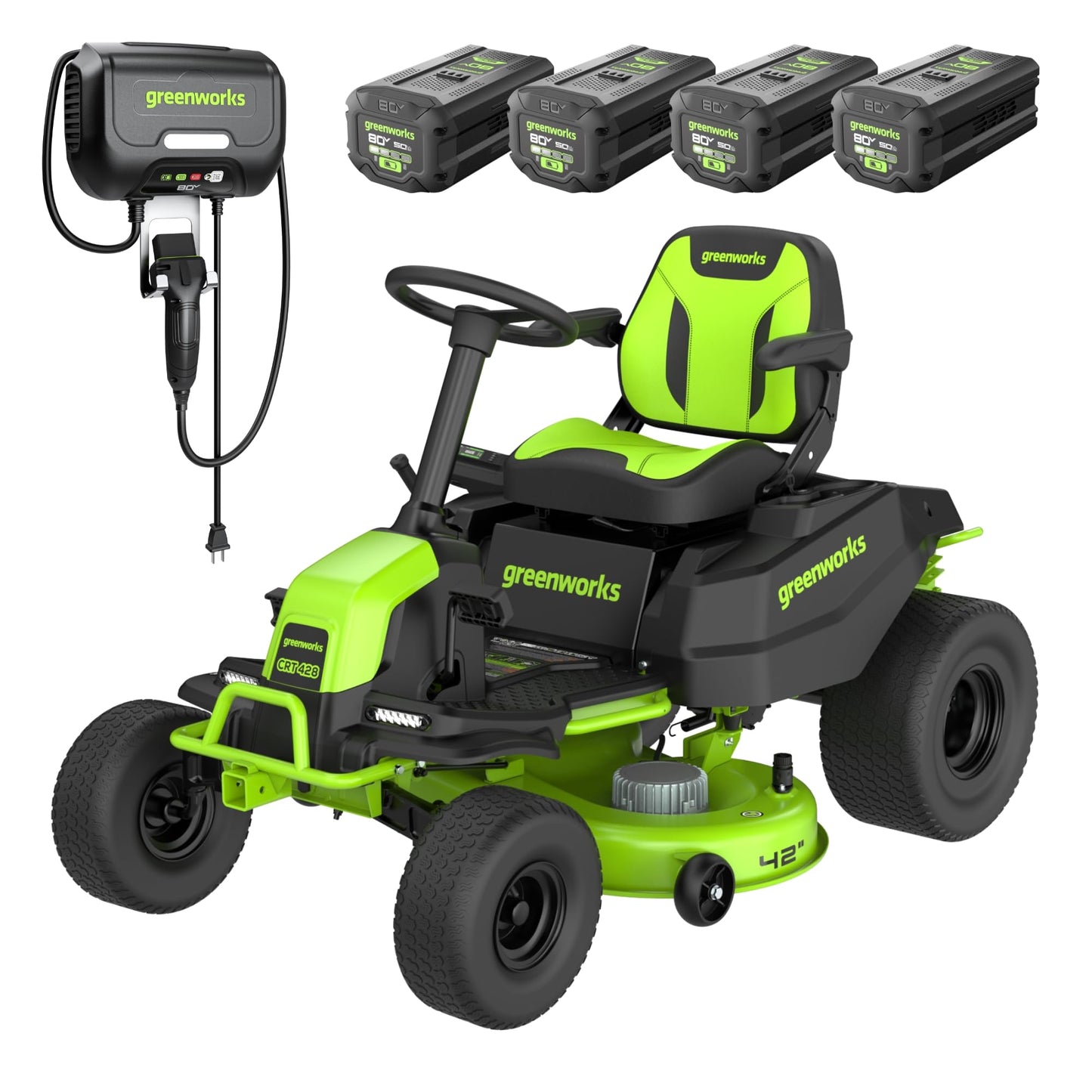 Greenworks 80V 42" CROSSOVERZ Zero Turn Lawn Mower, (4) 5.0Ah Batteries and (600W) Plug in Charger