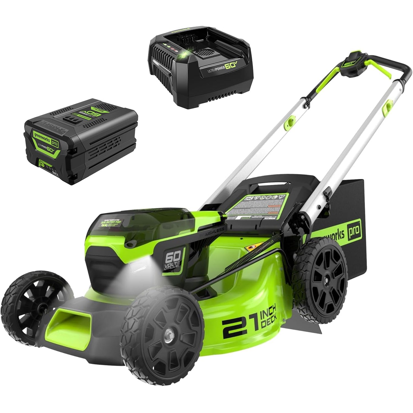 Greenworks 60V 21" Self-Propelled Cordless Lawn Mower, Brushless Motor, LED Lights, Includes 2X 4.0Ah Batteries & Rapid Dual-Port Charger(75+ Tool Compatibility, 45Min Runtime)