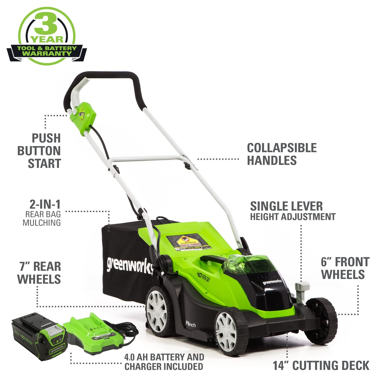 Greenworks 40V 21" Self-Propelled Cordless Lawn Mower – Brushless Motor, 5.0Ah Battery & Charger(75+ Tool Compatible)