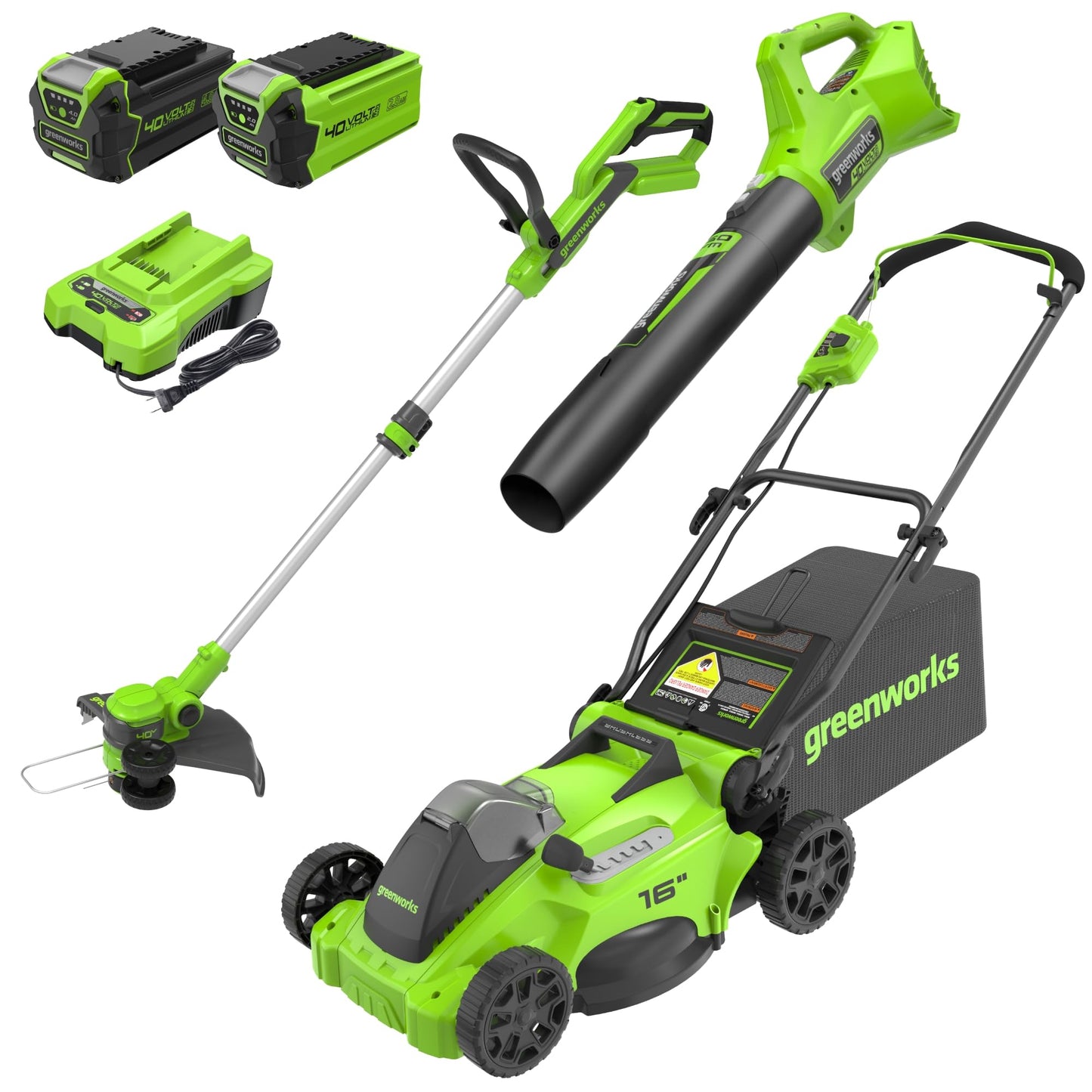 Greenworks 40V 16" Brushless Cordless (Push) Lawn Mower + Blower (350 CFM), 4.0Ah Battery and Charger Included (75+ Compatible Tools)