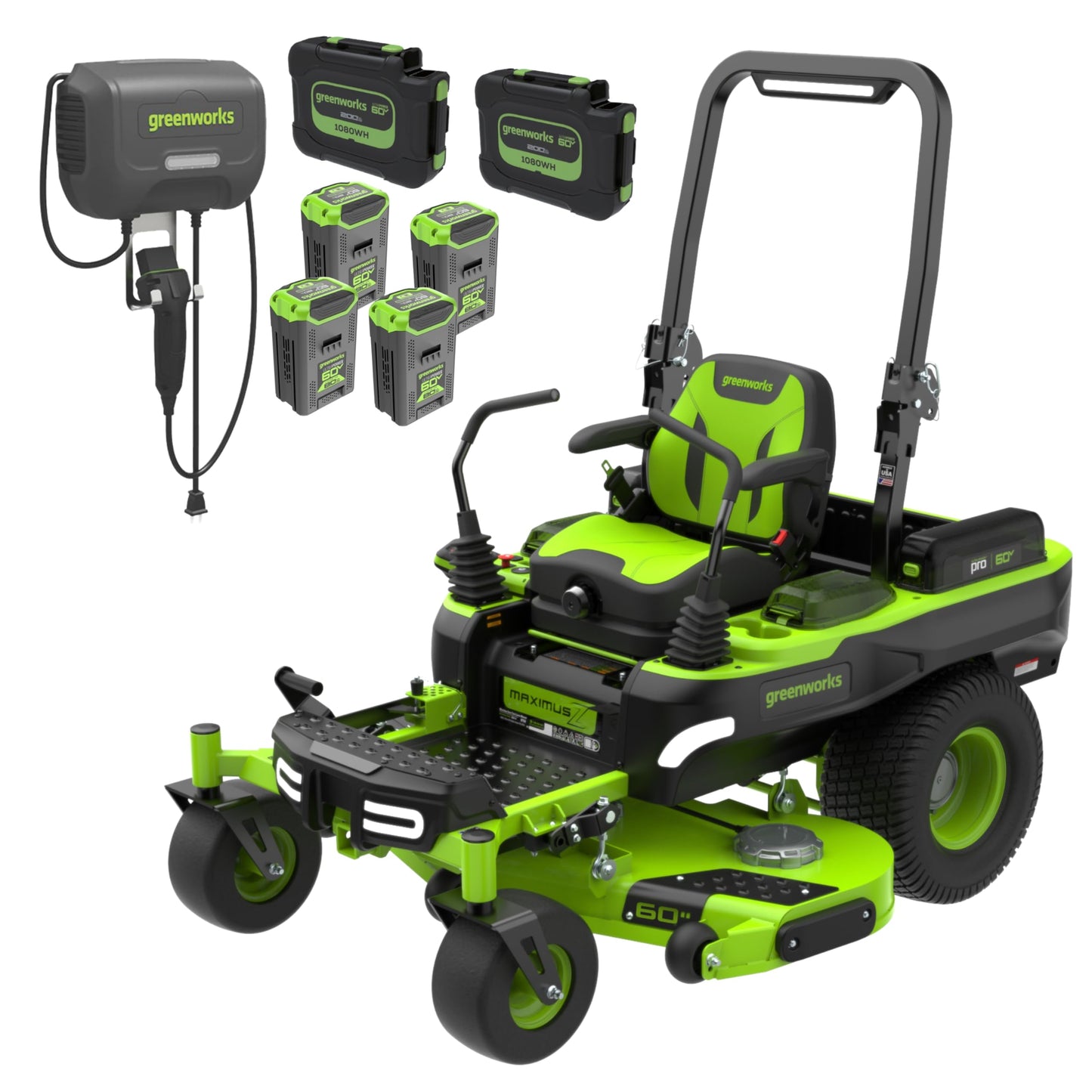 Greenworks 60V 60" Zero Turn, (2) 20.0Ah + (4) 10.0Ah Batteries + Wall Charger