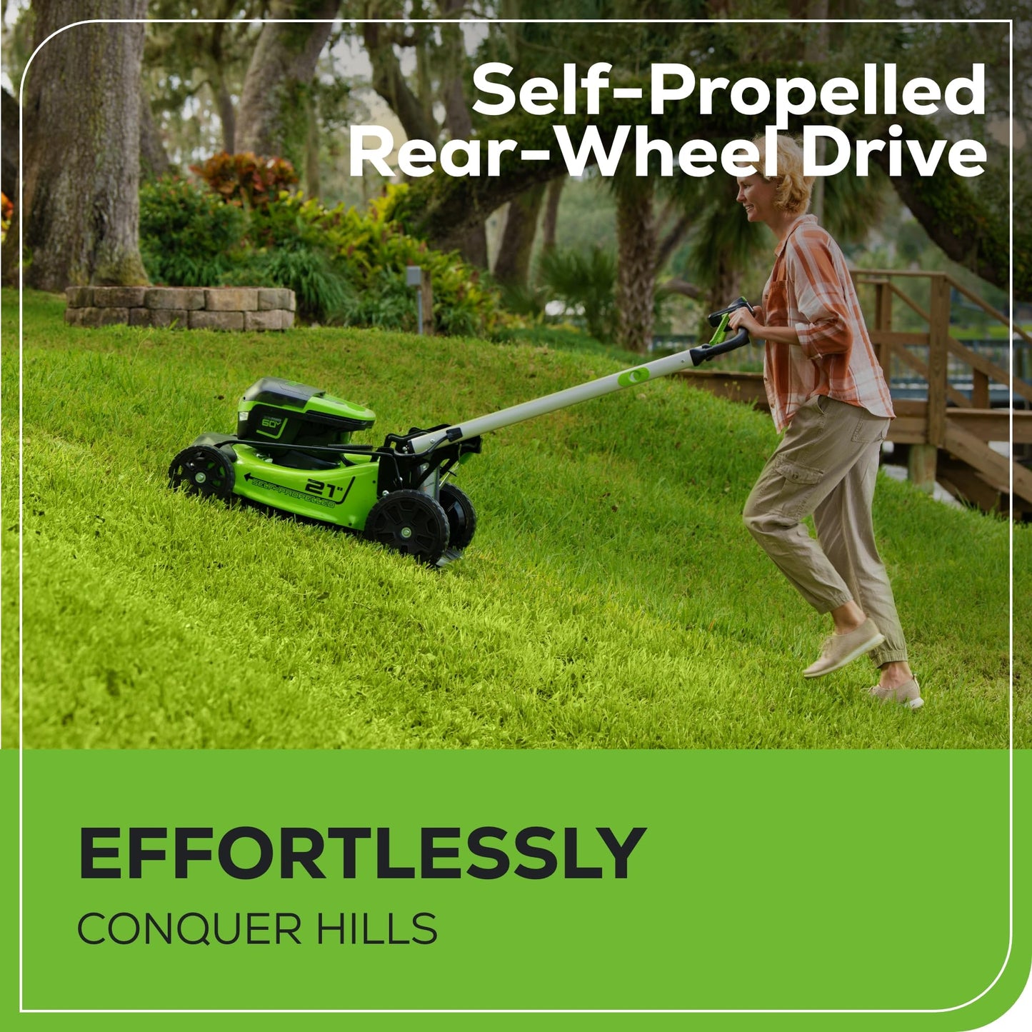 Greenworks 60V 21" Self-Propelled Cordless Lawn Mower, Brushless Motor, LED Lights, Includes 2X 4.0Ah Batteries & Rapid Dual-Port Charger(75+ Tool Compatibility, 45Min Runtime)