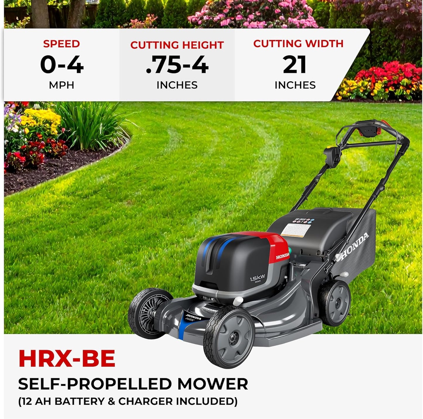 Honda HRX-BE 21-Inch Walk Behind 12 AH Battery Powered Lawn Mower with 2 Battery Bays, Variable Speed Self Propelled Lawn Mower with 2.2 Bushel Capacity, Easy-Off Grass Bag (HRX217YXBEXA6)