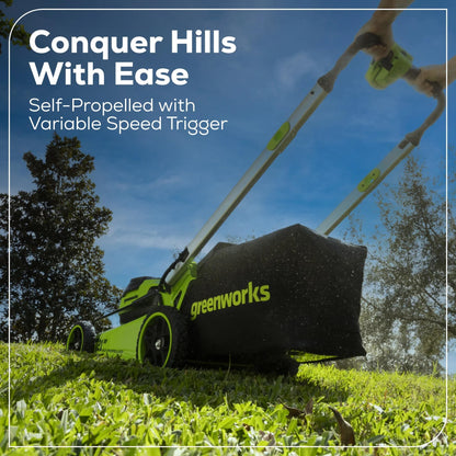 Greenworks 60V 21" Self-Propelled Cordless Lawn Mower, Brushless Motor, LED Lights, Includes 2X 4.0Ah Batteries & Rapid Dual-Port Charger(75+ Tool Compatibility, 45Min Runtime)