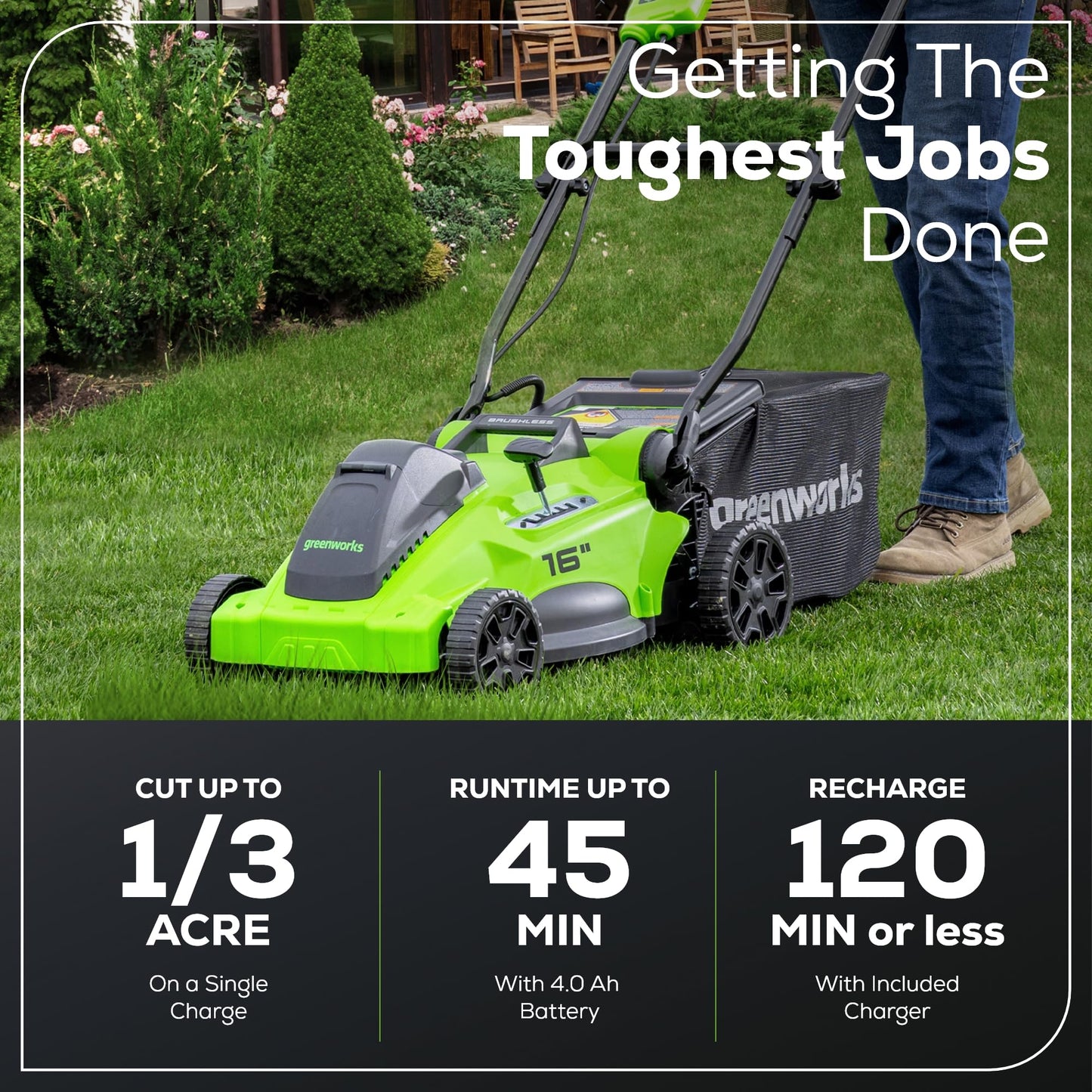 Greenworks 40V 16" Brushless Cordless (Push) Lawn Mower + Blower (350 CFM), 4.0Ah Battery and Charger Included (75+ Compatible Tools)
