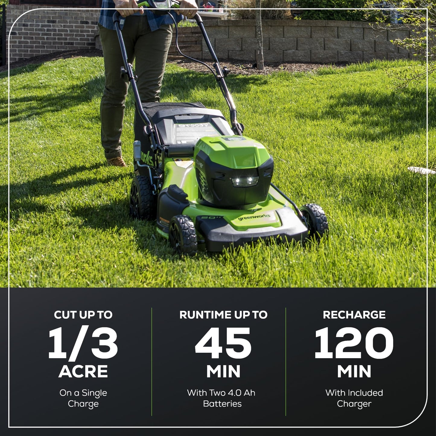 Greenworks 48V (2x24V) Electric Lawn Mower Combo Kit: 20"Steel Deck Push Mower, 12" String Trimmer, 320 CFM Blower, 3 Batteries & 2 Chargers, 3-Year Warranty.