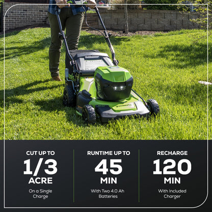 Greenworks 48V (2x24V) Electric Lawn Mower Combo Kit: 20"Steel Deck Push Mower, 12" String Trimmer, 320 CFM Blower, 3 Batteries & 2 Chargers, 3-Year Warranty.